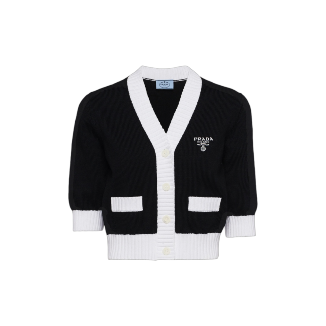 프라다 여성 크롭 코튼 가디건 블랙 화이트 P25I041ZO5F0967