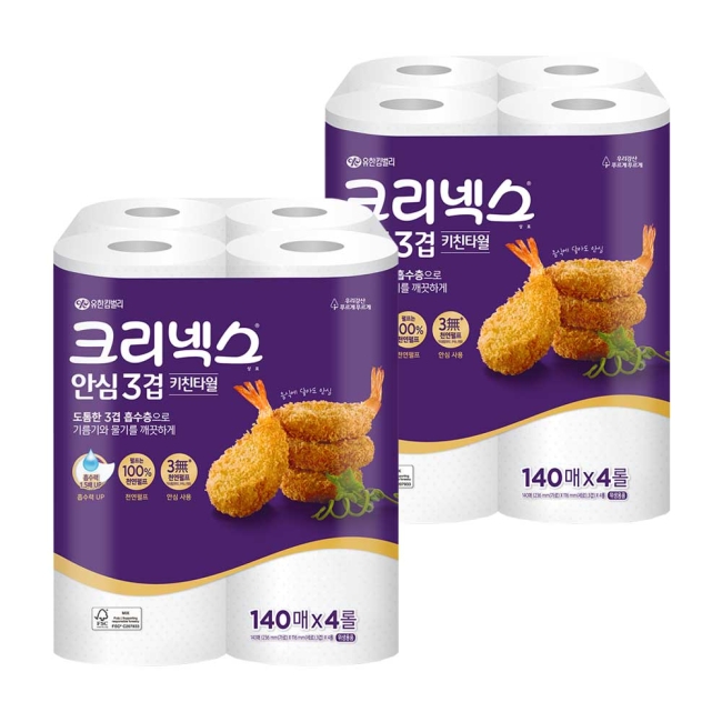 크리넥스 안심 3겹 키친타월 140매 4롤X2팩