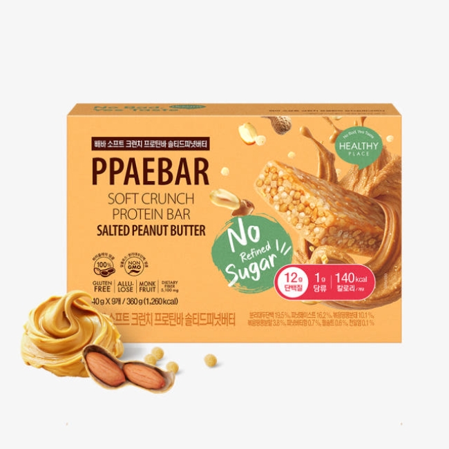 [제로슈가] 헬시플레이스 빼바 소프트 크런치 프로틴바 솔티드피넛버터 1박스 9개입