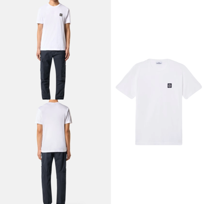 스톤 아일랜드 코튼 저지 슬림 핏 티셔츠 컴퍼스 로고 패치 화이트 K1S152100039S0013V0001