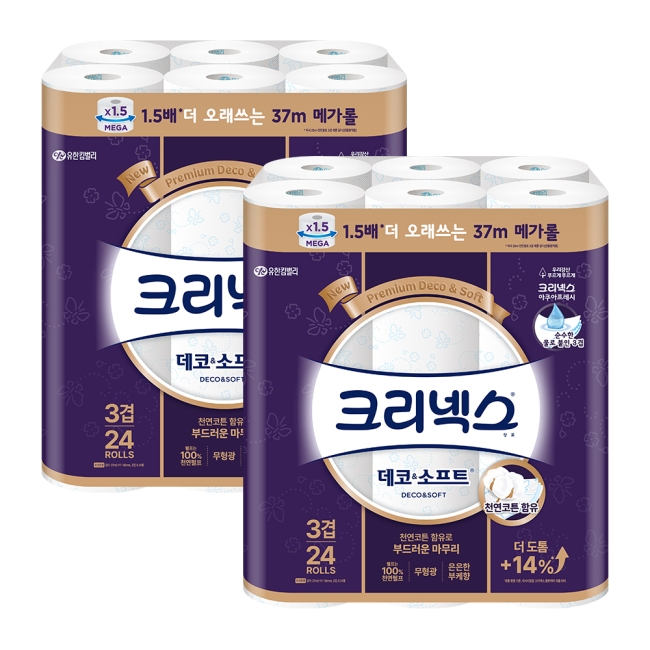 크리넥스 화장지 3겹 데코앤소프트 37m 24롤 2팩