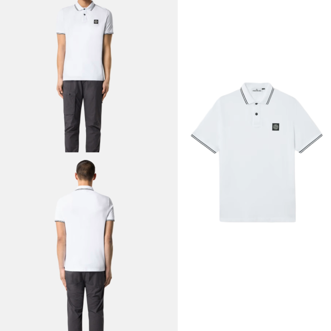 스톤 아일랜드 오가닉 코튼 엘라스테인 피케 슬림핏 폴로 셔츠 위트 K1S1522002SCS0018V1001