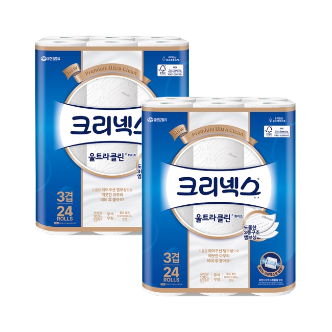 크리넥스 화장지 3겹 울트라클린 화이트 25M 24롤X2팩