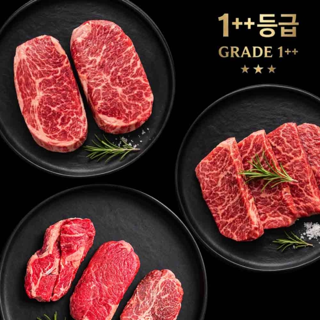 [투뿔한판]국내산 한우 1++등급 구이모둠 700g (보섭200/설깃200/우둔(스테이크)300)